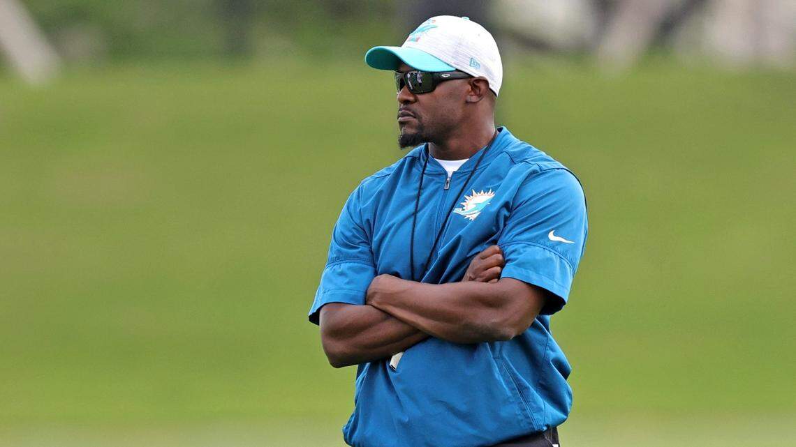 Miami Dolphins head coach Brian Flores looks on during practice at Baptist Health Training Complex in Hard Rock Stadium on Thursday, October 7, 2021 in Miami Gardens, Florida, in preparation for their game against the Tampa Bay Buccaneers at Raymond James Stadium, on Sunday, October 10.