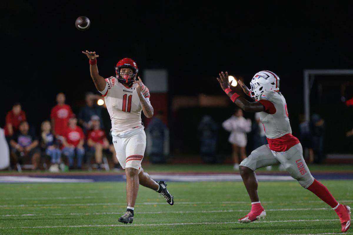Monarch Knights quarterback Florentino Lopez (11) passes the football against the Chaminade-Madonna Lions during the first quarter of a high school football game at Chaminade-Madonna College Preparatory school in Hollywood, Florida, Friday, October 3, 2025.