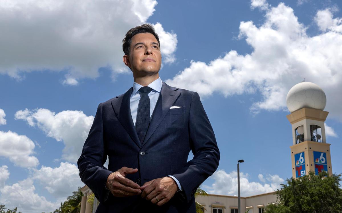 Tom Llamas outside of the NBC 6 Miami newsroom, where he previously worked. LLamas is replacing Lester Holt as the anchor and managing editor of NBC Nightly News.