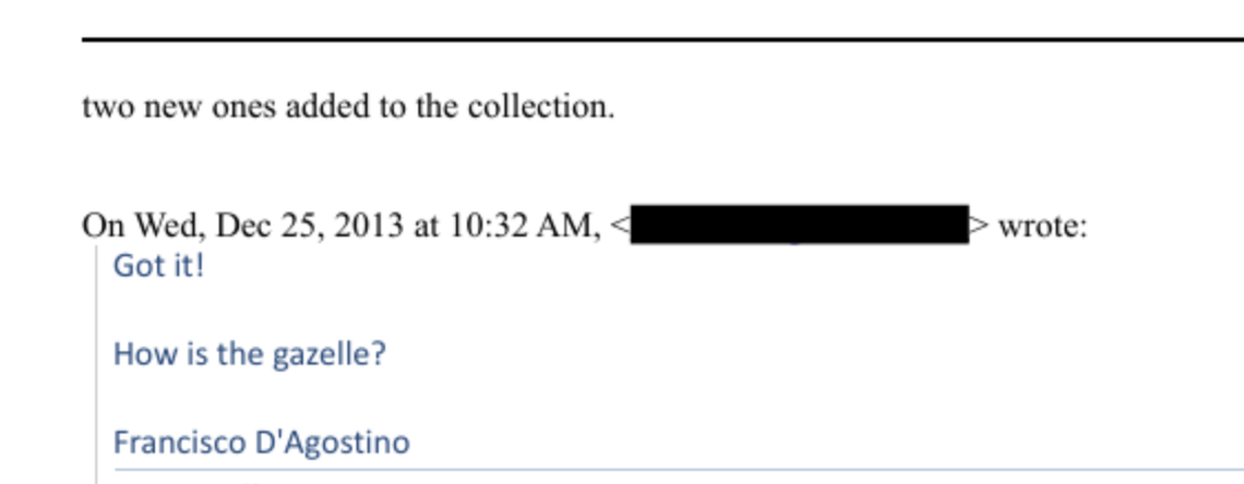 Screenshot of e-mail correspondence between Jeffrey Epstein and Francisco D’Agostino, included in the Department of Justice’s release of the Epstein files.