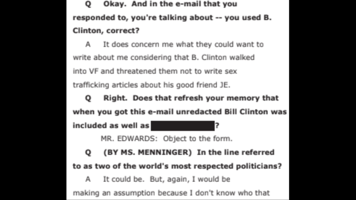 Screenshot of document mentioning Bill Clinton and another politician, that one redacted.