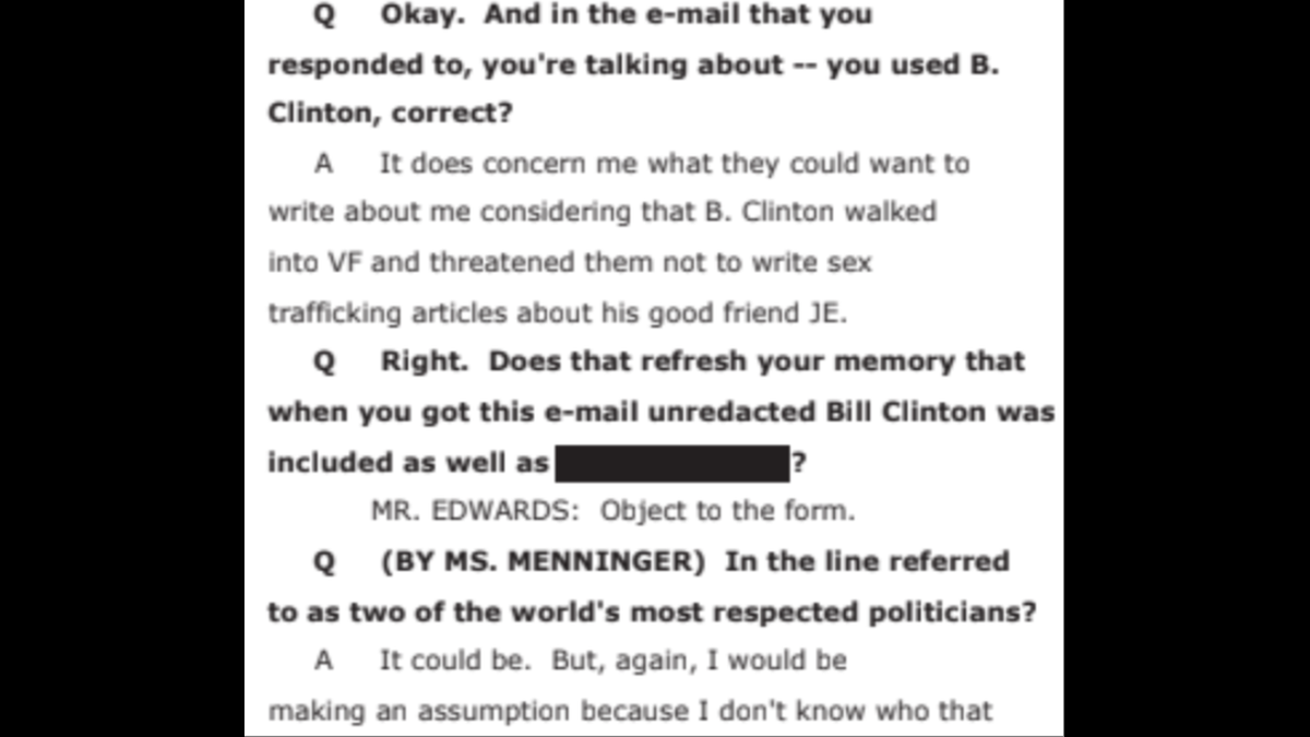 Screenshot of document mentioning Bill Clinton and another politician, that one redacted.