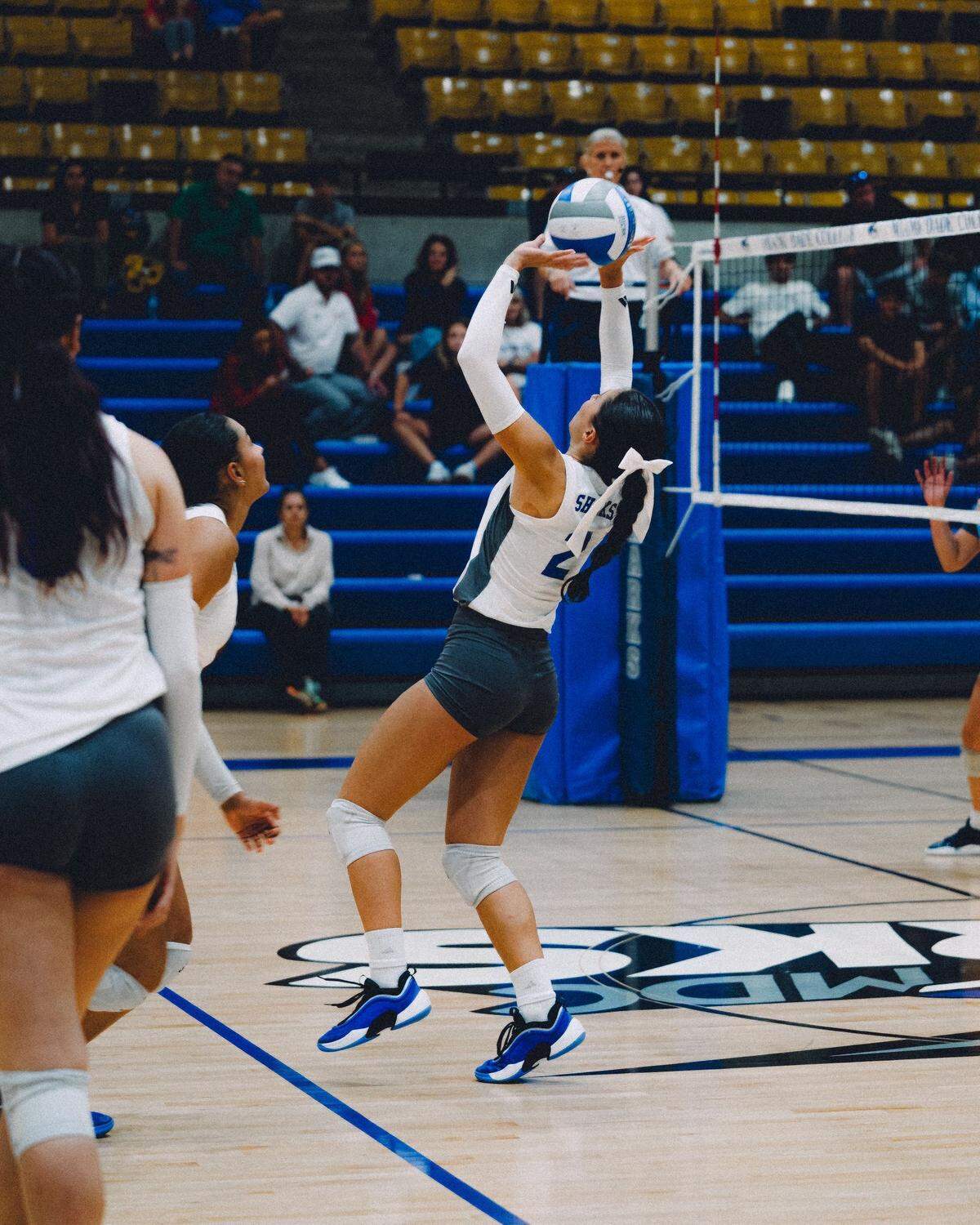 Miami Dade volleyball setter Eleonora Gicheva sets a ball during the Sharks’ national title victory over Florida SouthWestern State College this past Saturday in Clarksville, Tennessee.