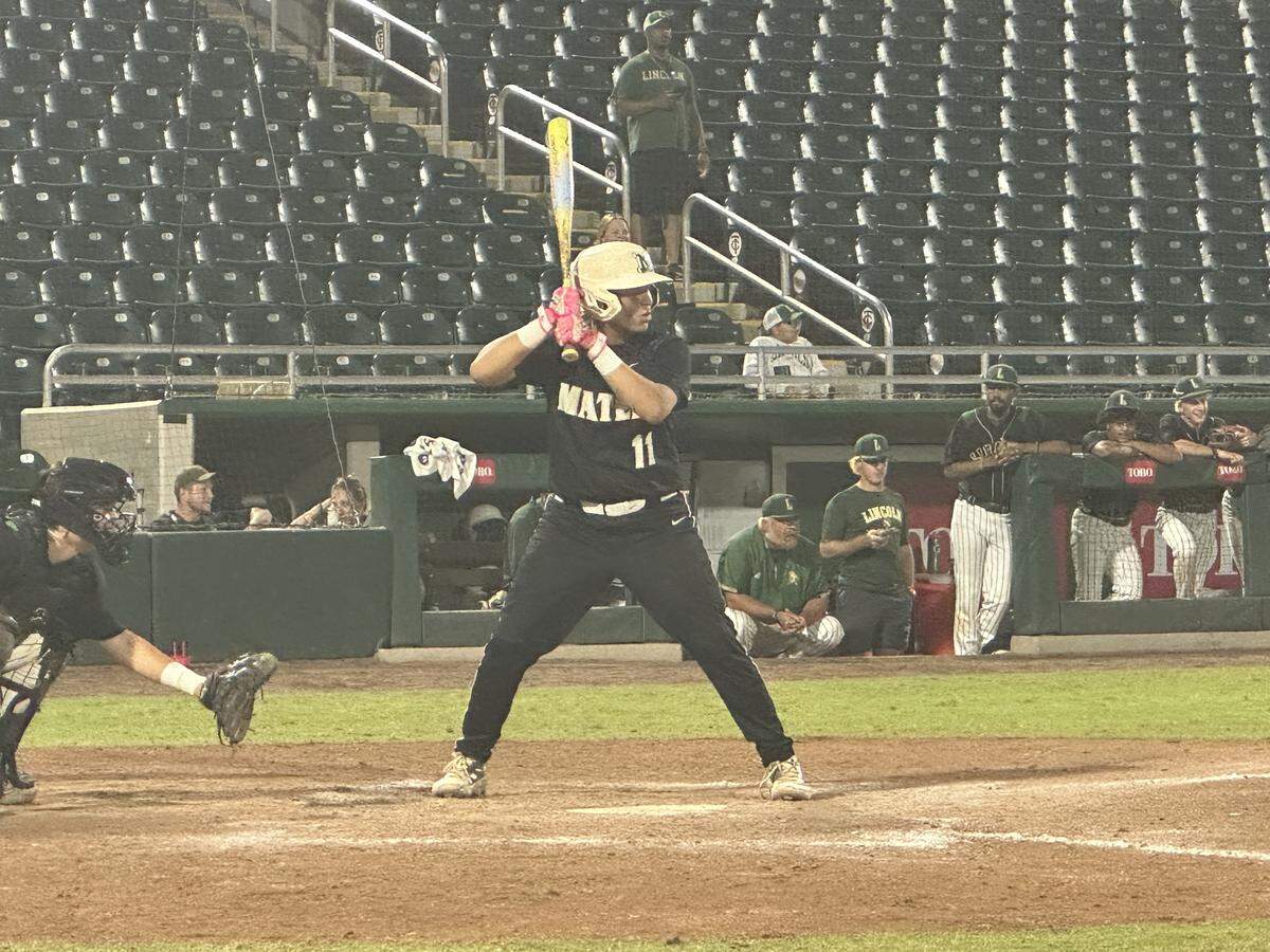 Mater Academy catcher Jacob Amador stands into bat during Monday’s Class 5A state baseball semifinal against Tallahassee Lincoln at Hammond Stadium in Fort Myers, Fla.