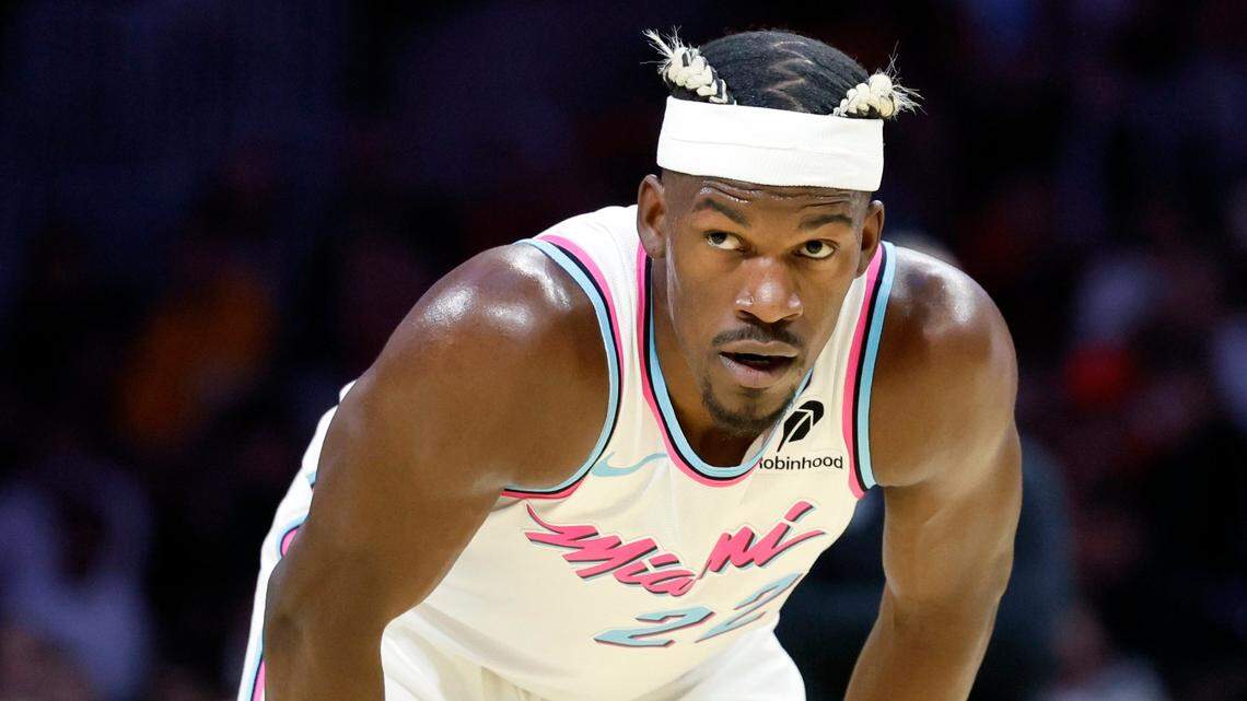 Miami Heat forward Jimmy Butler (22) on the court during the game against the Denver Nuggets in the first half of their NBA basketball game at the Kaseya Center in Miami, Florida on Friday, January 17, 2025.