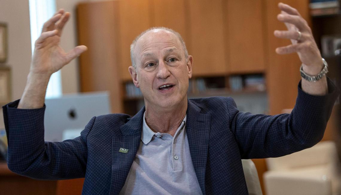 Shelton Berg, Dean at the Frost School of Music at the University of Miami gestures during an interview in his office.