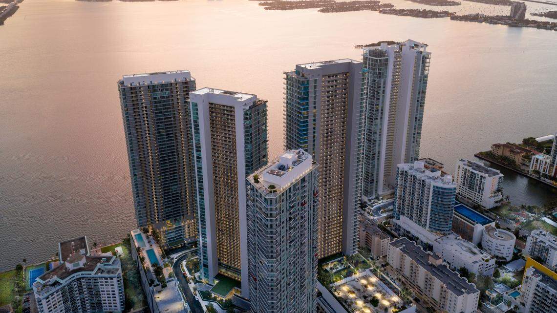 Aerial view of Paraiso District, the massive Edgewater project by The Related Group comprised of four condo towers.