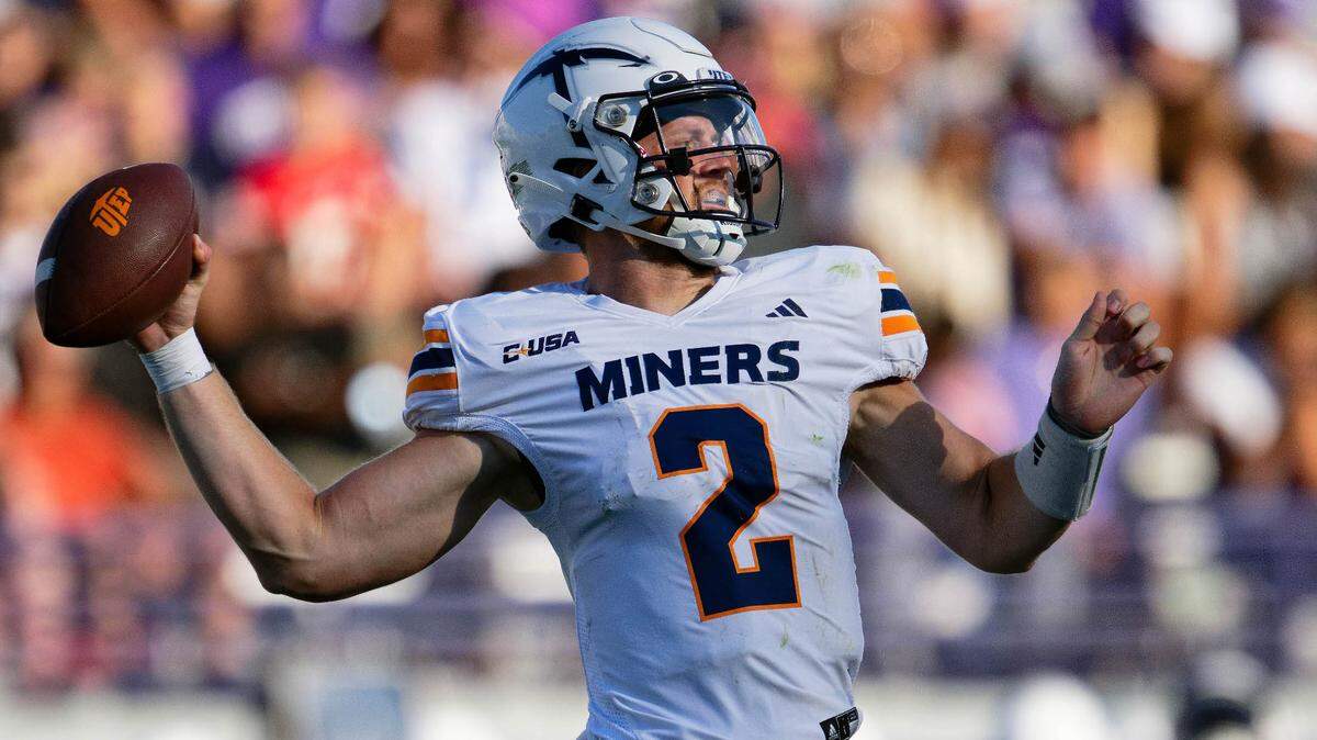 University of Texas El Paso Miners quarterback Gavin Hardison (2) passes against the Northwestern Wildcats at Ryan Field.