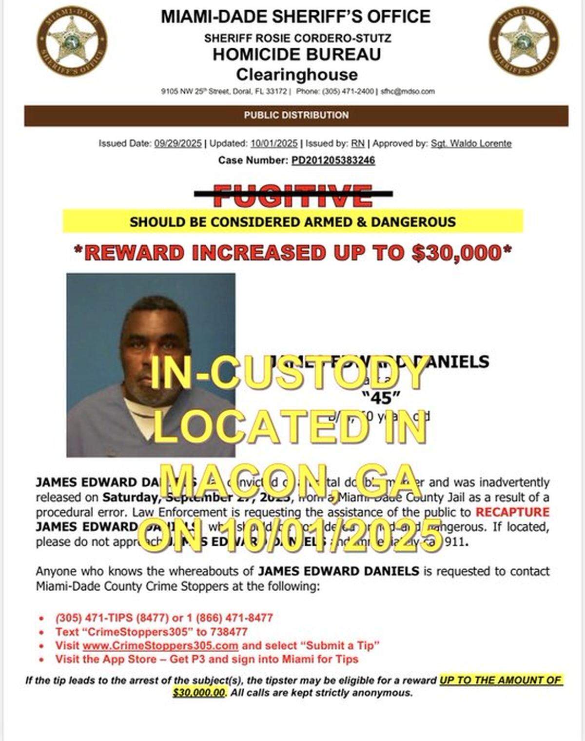 James Edward Daniels, a fugitive wrongly freed from a Miami-Dade jail  on Saturday, was arrested by agents with the U.S. Marshals Service in Reynolds, Georgia, near Macon, on Wednesday, Oct. 1, 2025. He had been on the lam since Saturday. He had been sentenced to four life sentences related to a murder and kidnapping case in Opa-locka from 2020.