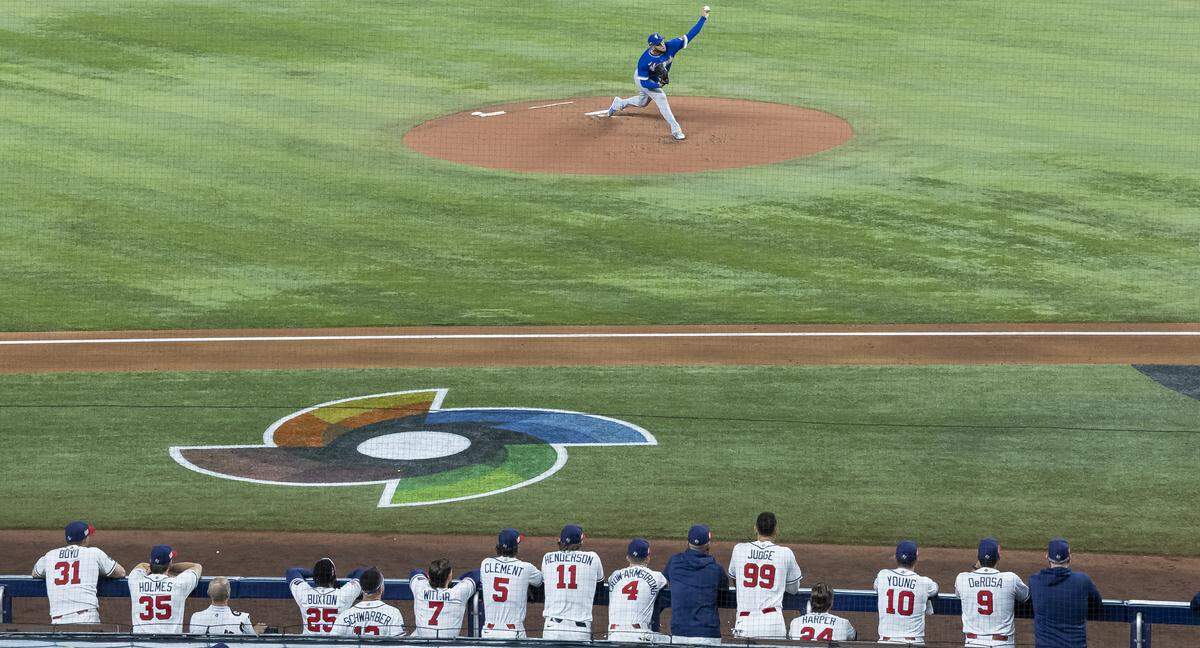 Venezuela starting pitcher Eduardo Rodriguez (52) pitches against the United States in the second inning of their World Baseball Classic final game at loanDepot Park on Tuesday, March 17, 2026, in Miami, Fla.