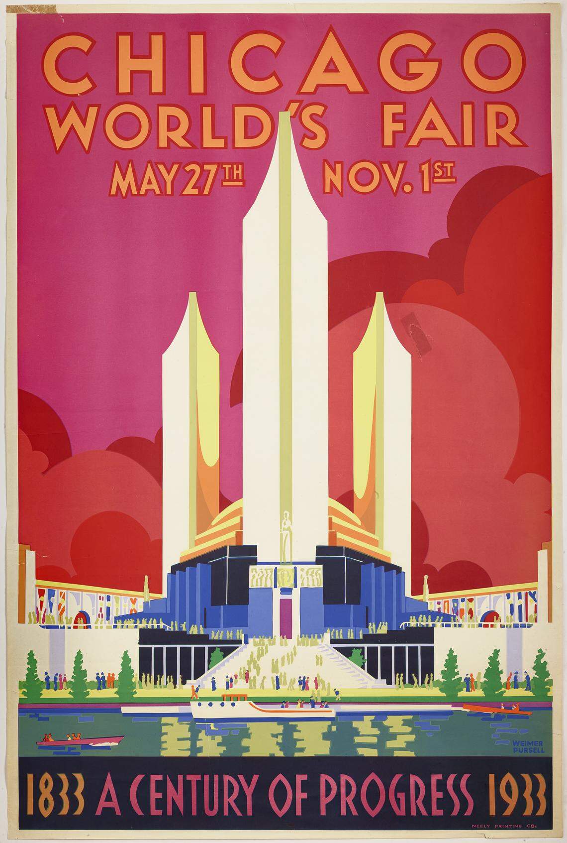 Promotional posters for world’s fairs, often highlighted monumental attractions and reflected the latest design and architectural styles. This colorful Art Deco poster from the 1933–34 Chicago world’s fair depicts the massive Federal Building, with three pillars above a golden dome. This and other posters are part of the Wolfsonian exhibition on world’s fairs.