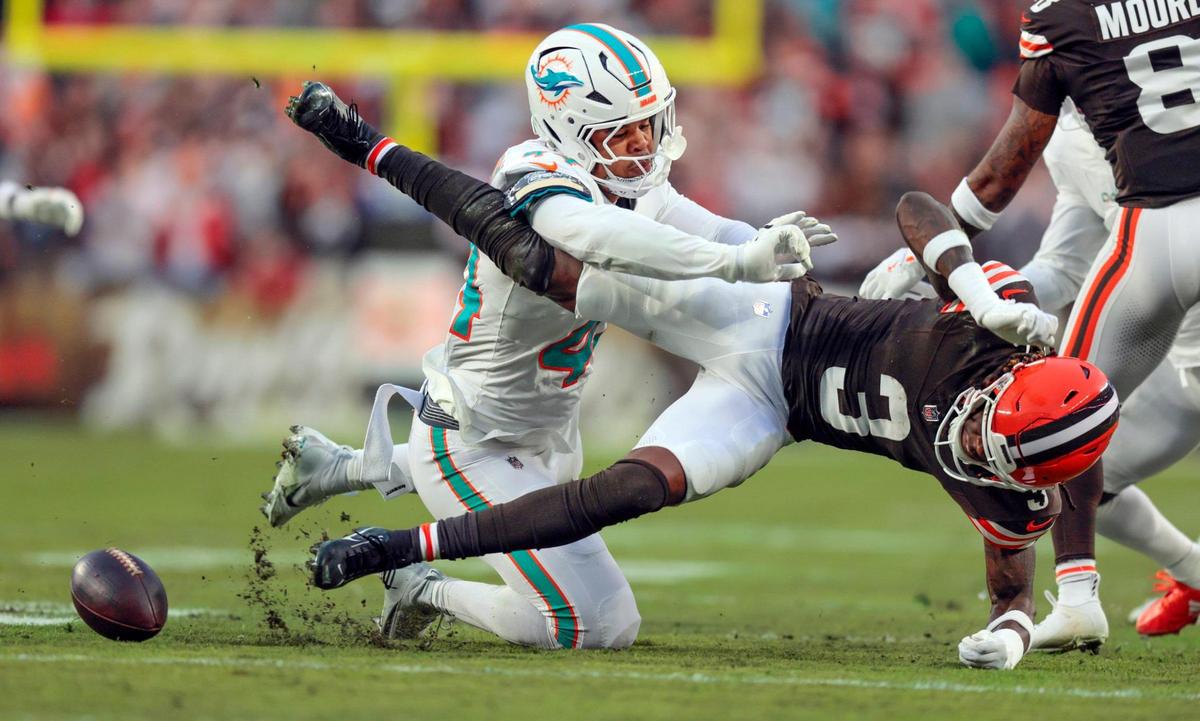Miami Dolphins linebacker Chop Robinson (44) defends against Cleveland Browns wide receiver Jerry Jeudy (3) for an incomplete pass during the first half of an NFL Football game at Huntington Bank Field in Cleveland, Ohio on Sunday, December 29, 2024.