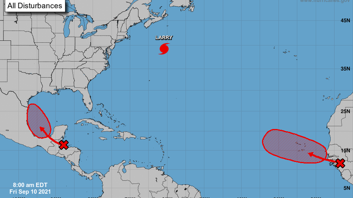 The hurricane center is tracking two disturbances with a high chance of developing into tropical depressions or storms in the next five days.