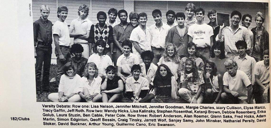 The Miami Palmetto Senior High School debate club is pictured in the 1987 Echo yearbook, with Ketanji Brown kneeling in the middle in the second row.