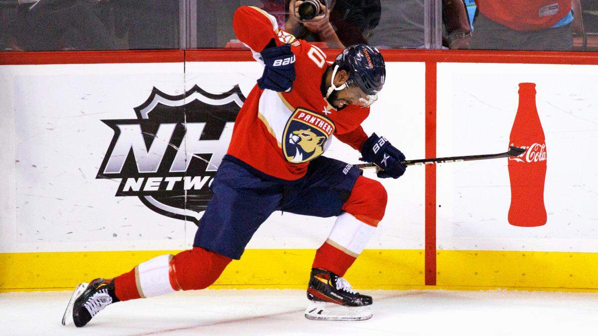 Florida Panthers left wing Anthony Duclair (10) reacts after scoring a goal during the third period of an NHL game against the Anaheim Ducks at the FLA Live Arena on Tuesday, April 12, 2022 in Sunrise, Fl.