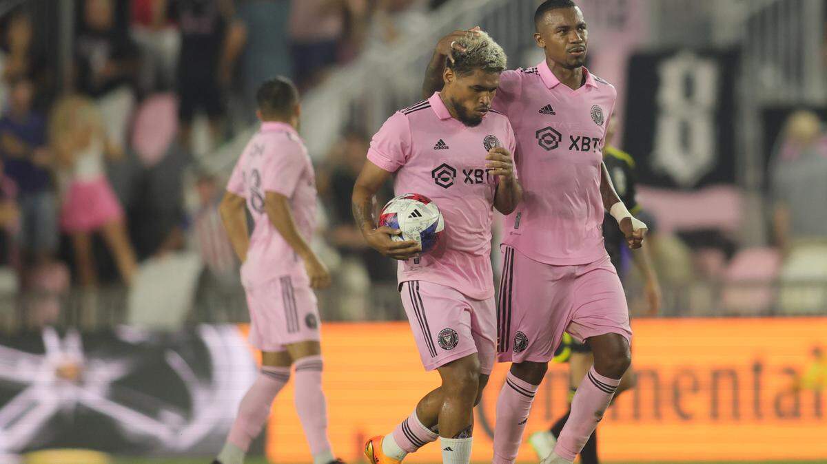 Jul 4, 2023; Fort Lauderdale, Florida, USA; Inter Miami forward Josef Martinez (17) celebrates with teammates after scoring a goal against the Columbus Crew SC at DRV PNK Stadium. Mandatory Credit: Sam Navarro-USA TODAY Sports
