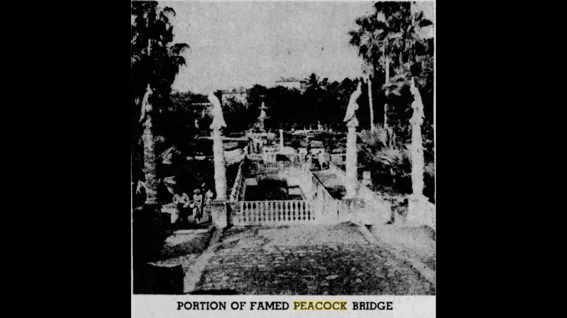 A photo of Peacock Bridge at Vizcaya in an April 1953 Miami Herald article.