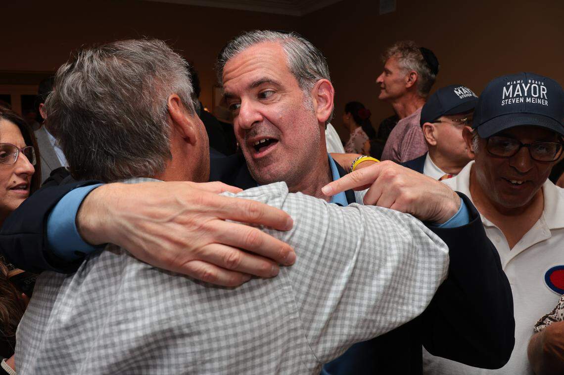 Miami Beach Mayor Steven Meiner celebrates after winning reelection to a second term during a watch party at 3575 Flamingo Dr., in Miami Beach, Fla., on Tuesday, November 4, 2025. 