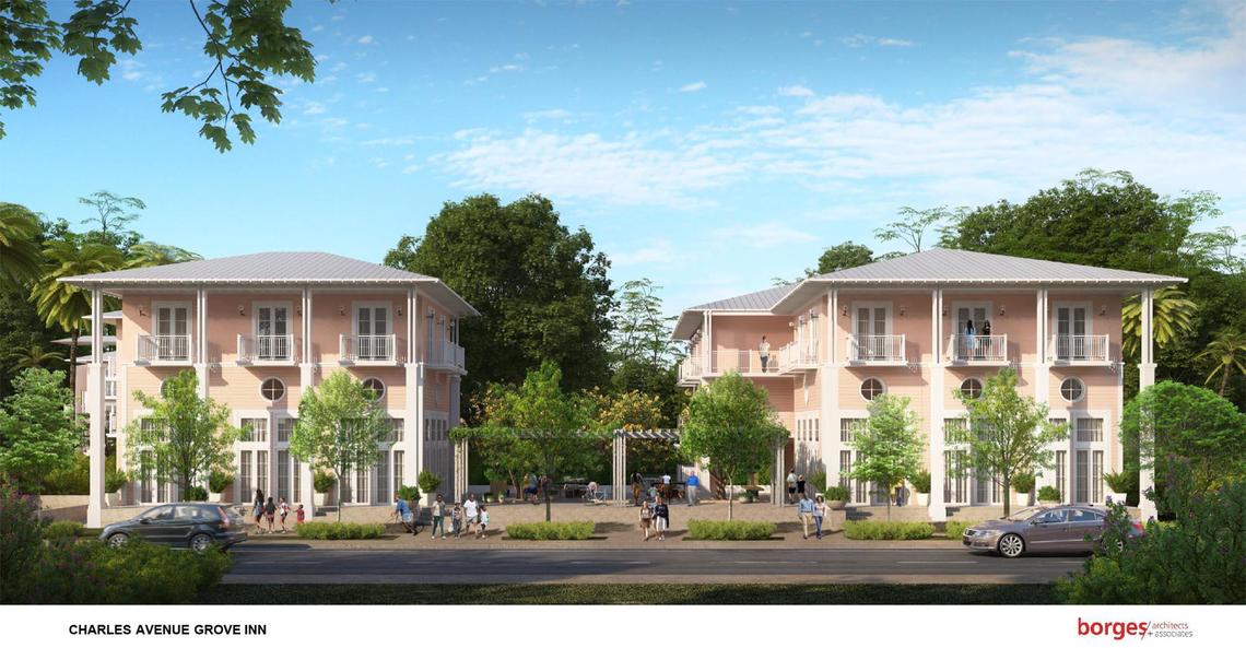 A rendering depicts a proposed Bahamian-style inn on Charles Avenue in the historically Black and Bahamian West Coconut Grove.