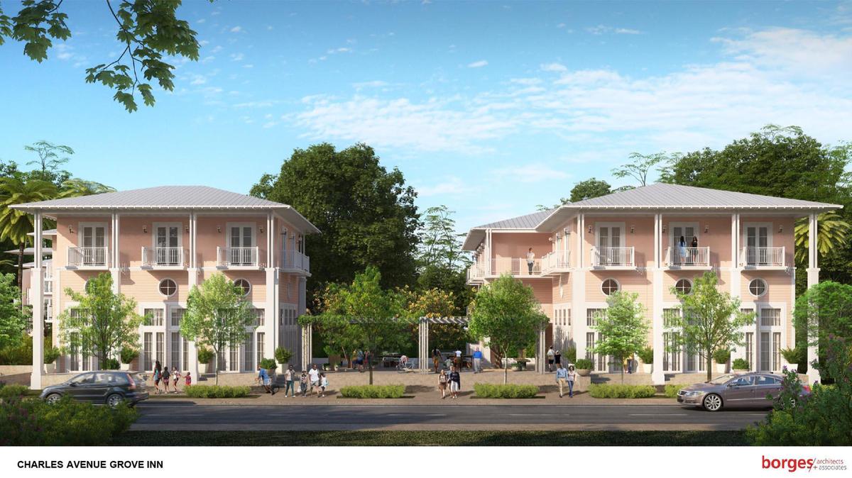 A conceptual rendering depicts a proposed Bahamian-style inn on Charles Avenue in the historically Black and Bahamian west Coconut Grove.