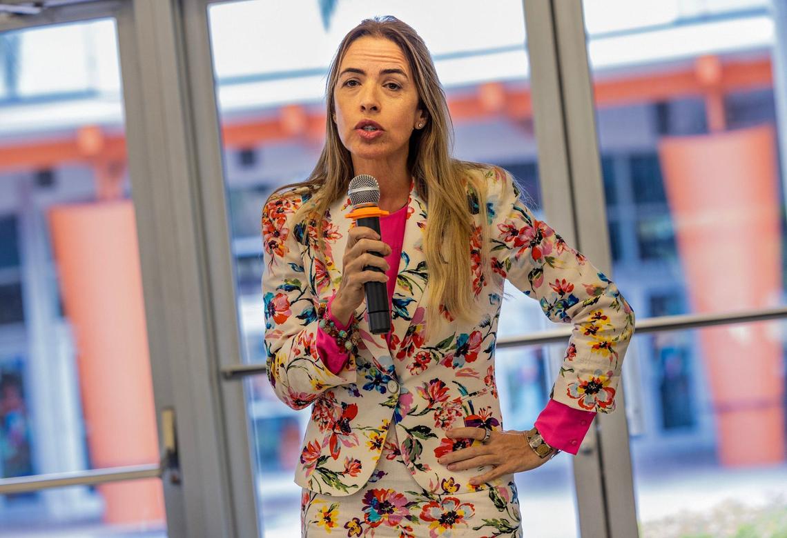 Miami-Dade County Commissioner Raquel Regalado speaks, during a forum debate with challengers Cindy Lerner and Richard Praschnik, running against her for the County’s District 7, hosted by the Kendall Federation of Homeowners Associations, on Thursday, June 27, 2024.