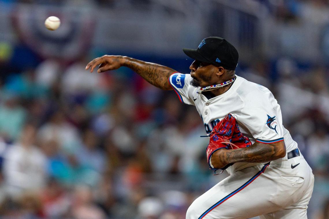 Miami Marlins starting pitcher Sixto Sanchez (18) throws the ball during the eighth inning of an MLB game against the Pittsburgh Pirates at LoanDepot Park in Miami, Florida, on Thursday, March 28, 2024.
