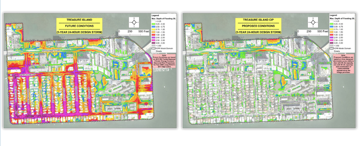 These maps show modeling of what kind of flooding North Bay Village’s Treasure Island could experience by 2060 with and without the street elevation and stormwater pumping investments the village is considering.