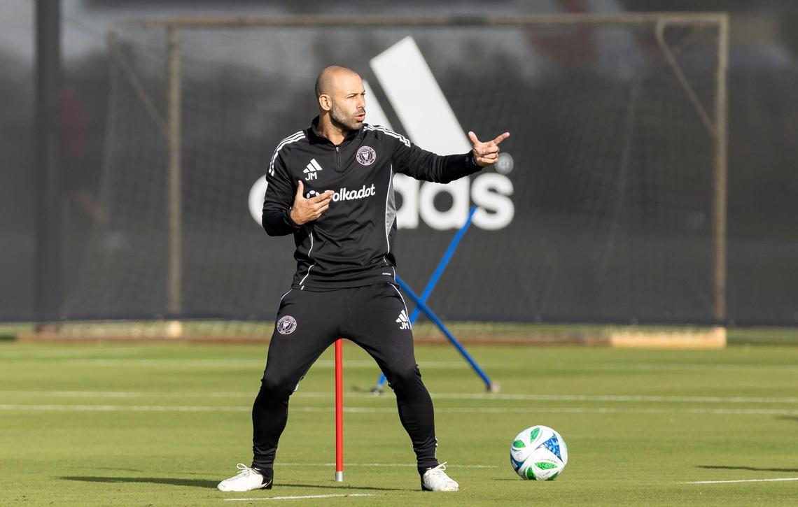 Inter Miami head coach Javier Mascherano reacts as his players run drills during a team practice at the Florida Blue Training Center on Monday, Jan. 13, 2025, in Fort Lauderdale, Fla.