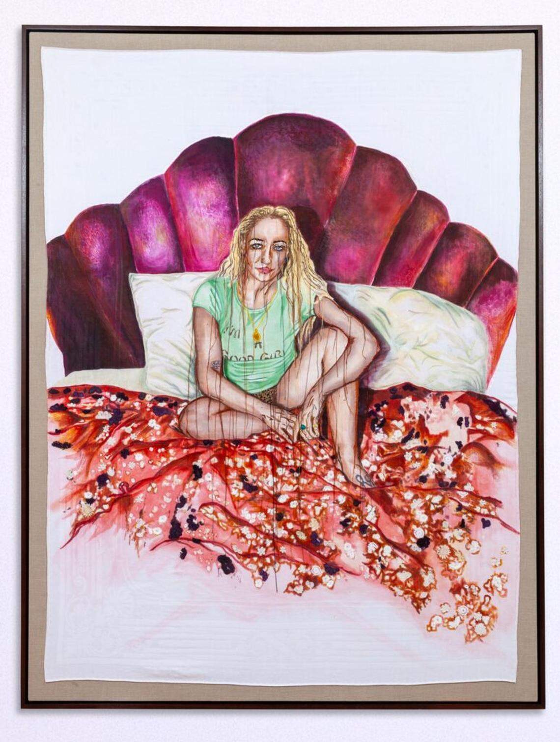 “Clocks the exit”, Ink, acrylic, hand embroidery on vintage textile, 2025, 74.5″ x 56.5″ x 2″ framed