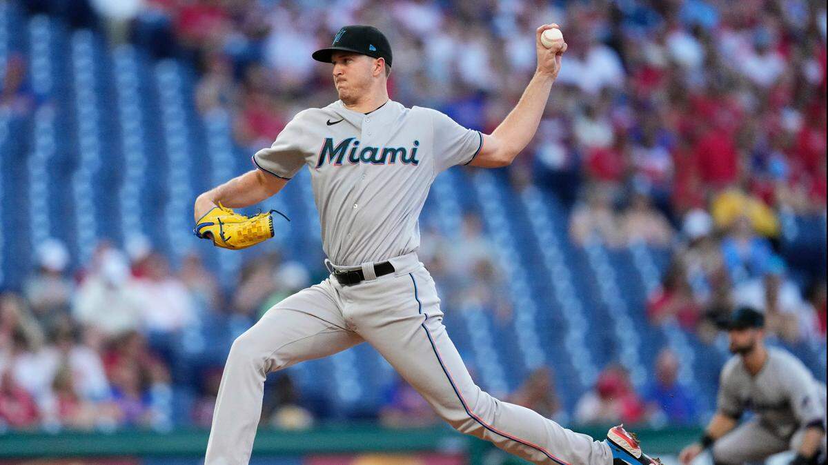Miami Marlins’ Trevor Rogers pitches during the first inning of a baseball game against the Philadelphia Phillies, Tuesday, June 29, 2021, in Philadelphia. (AP Photo/Matt Slocum)
