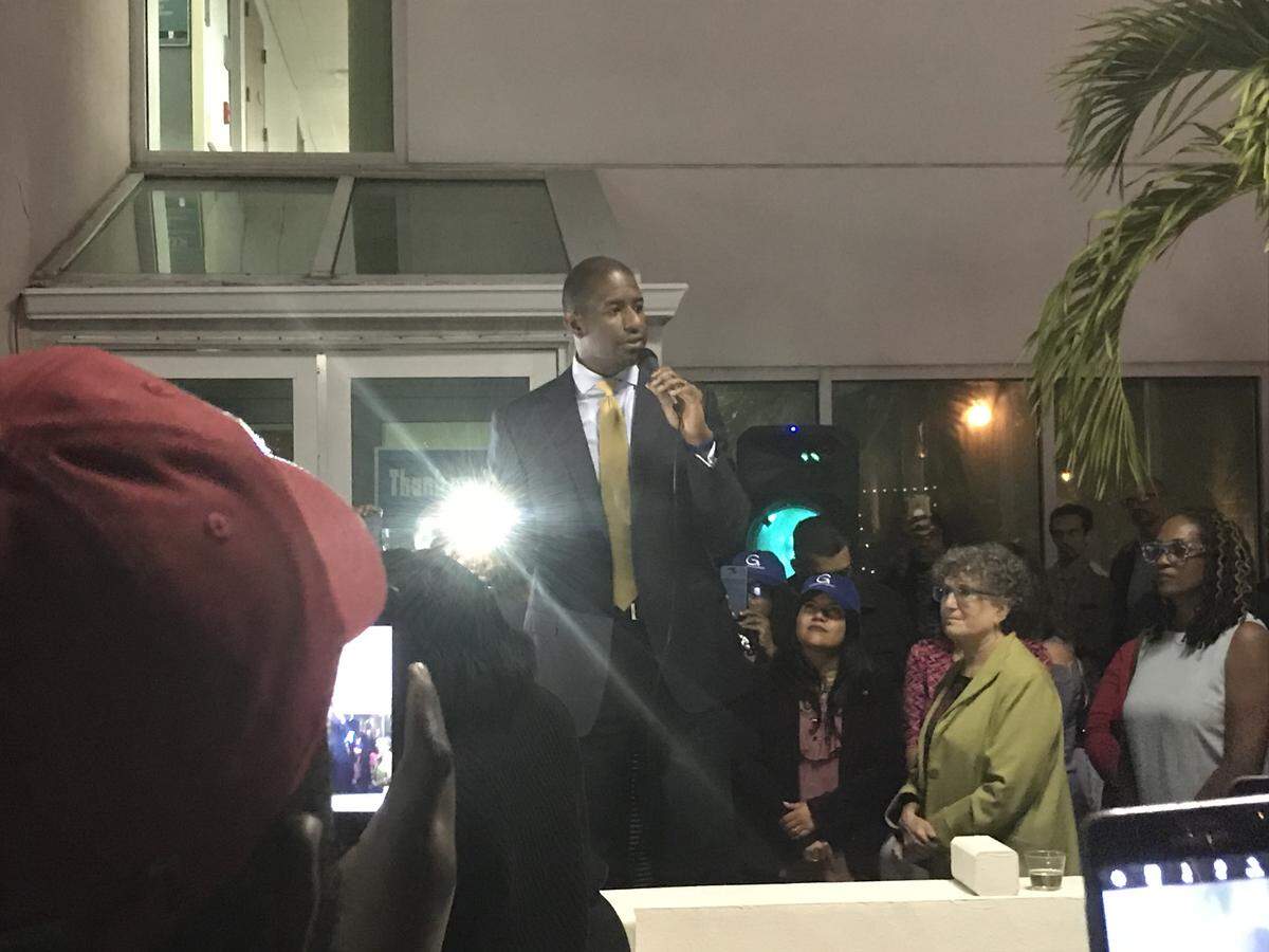 Andrew Gillum speaks to campaign supporters Dec. 10 at the United Teachers of Dade headquarters on Biscayne Boulevard.