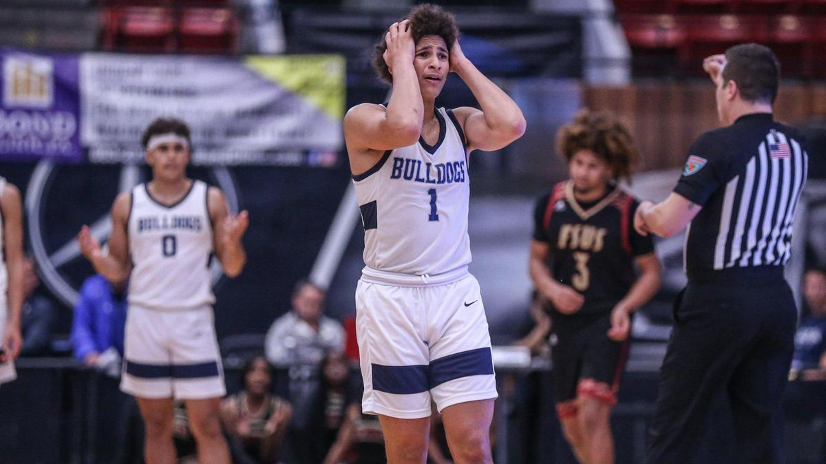 Riviera Prep guard Esteban Lluberes (1) reacts after he is charged with a foul late in the game against Florida State University School in Class 3A boys basketball final at the RP Funding Center in Lakeland on Friday, March 4, 2022.