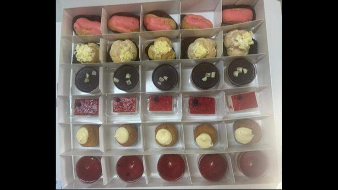 Sweet Cream Mini Pastries in, from the top row down, Pink Vanilla Eclair; Lemon Cream Puff; Mini Cup of Chocolate Ricotta and Pear; Strawberry Cheesecake; Lemon Cream Savare; and Wild Berry Mousse.