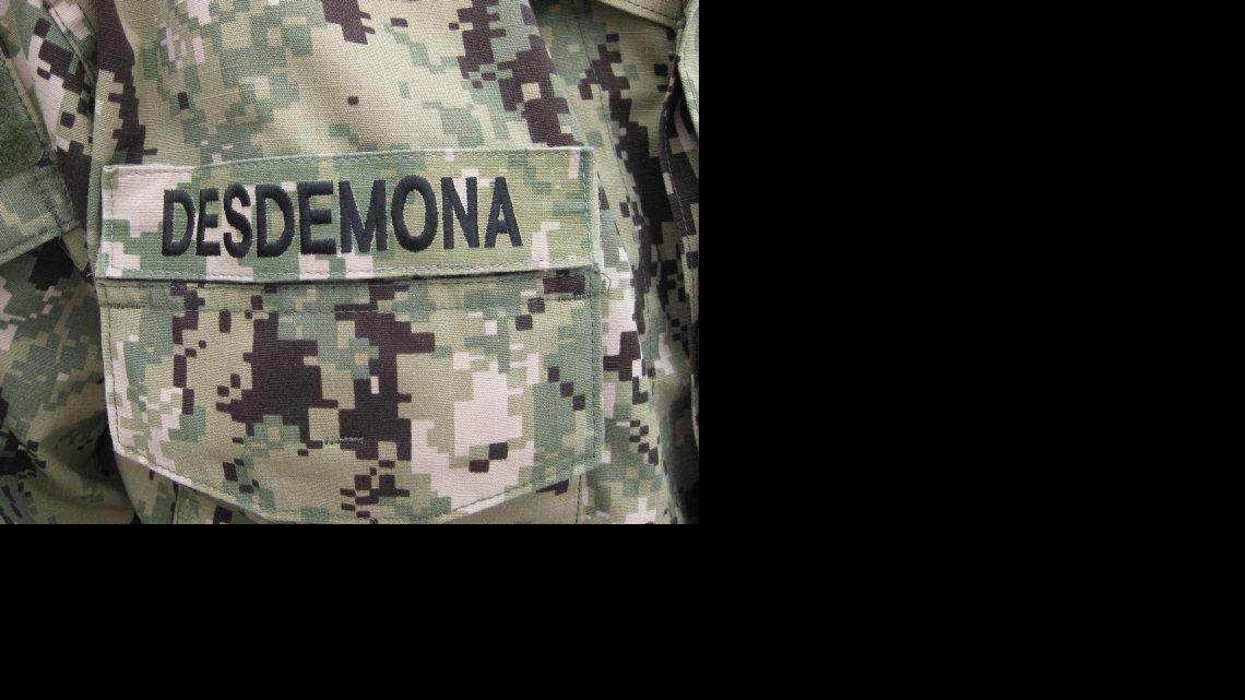 Navy corpsmen, that service's version of medics, are distinctive from Guantanamo prison camp guards by their Navy specific digital uniform. Also, unlike the guards who have serial numbers where their nametags go on their Army uniforms, the sailors have pseudonyms. This rotaton chose Shakespearan characters, for example Desdemona, taken from 'Othello.' A member of the U.S. military reviewed this image and approved its release, per Pentagon conditions of media access to the detention center.