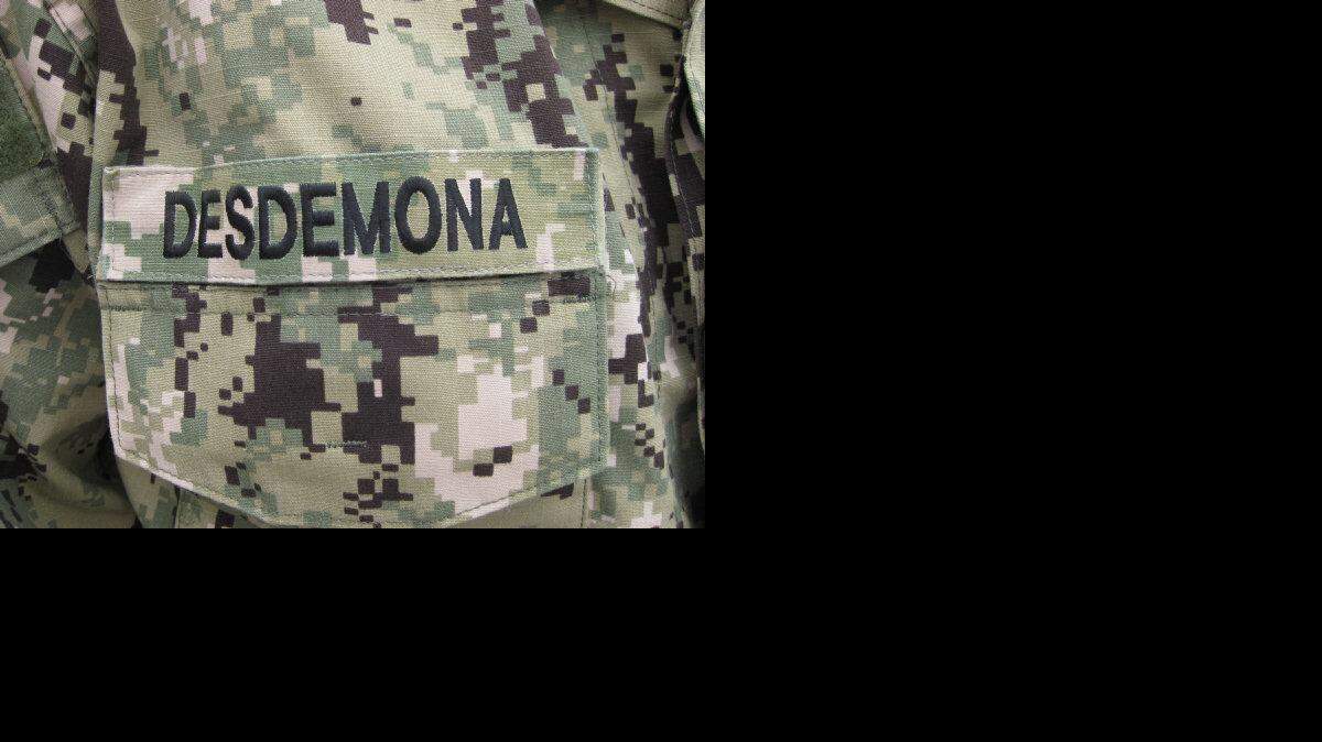 Navy corpsmen, that service's version of medics, are distinctive from Guantanamo prison camp guards by their Navy specific digital uniform. Also, unlike the guards who have serial numbers where their nametags go on their Army uniforms, the sailors have pseudonyms. This rotaton chose Shakespearan characters, for example Desdemona, taken from 'Othello.' A member of the U.S. military reviewed this image and approved its release, per Pentagon conditions of media access to the detention center.