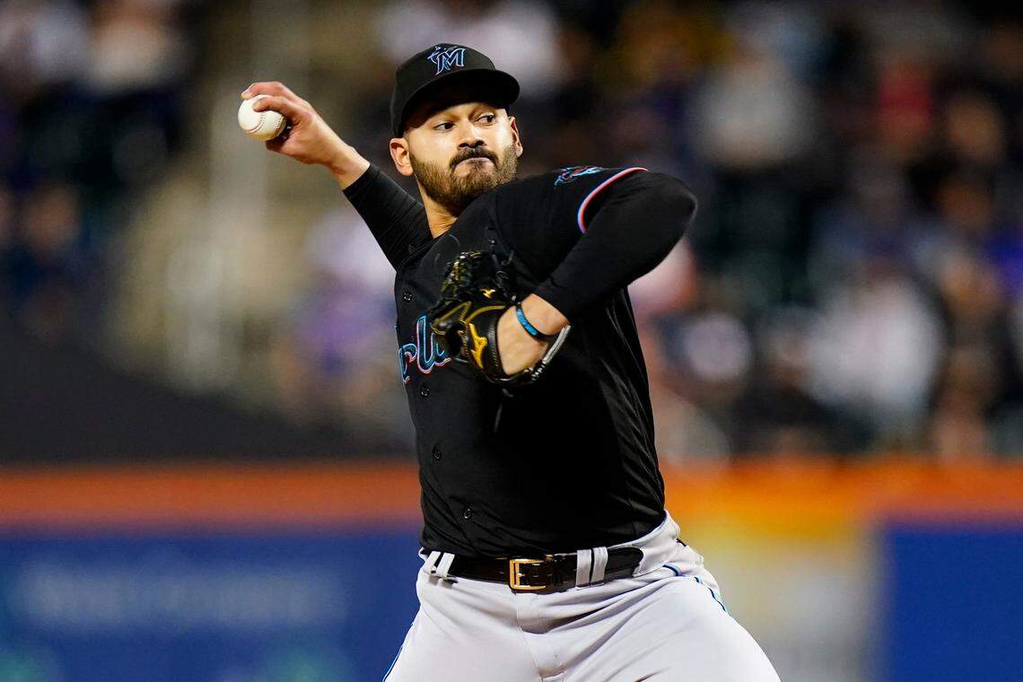 Miami Marlins’ Pablo Lopez pitches during the first inning of a baseball game against the New York Mets Tuesday, Sept. 27, 2022, in New York. (AP Photo/Frank Franklin II)