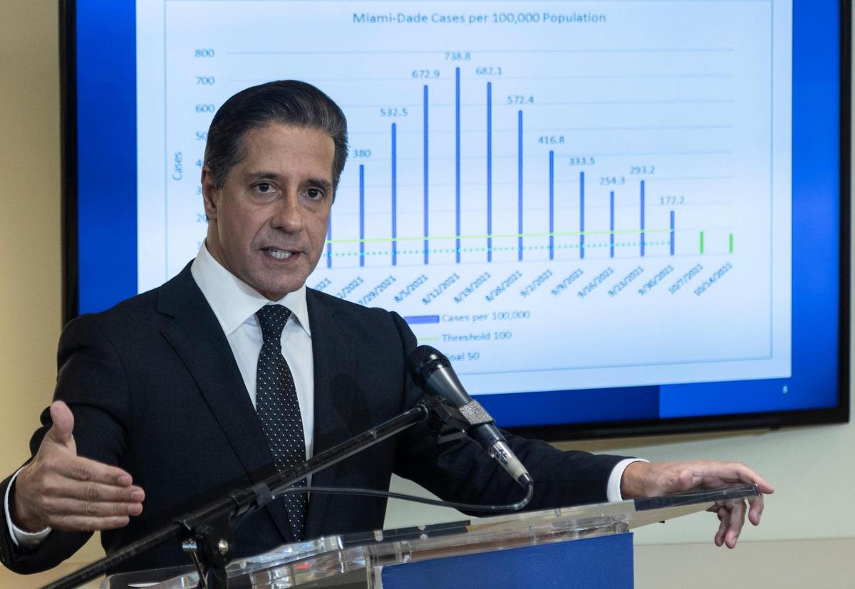 Miami-Dade County Public Schools Superintendent Alberto Carvalho speaks to reporters during a press conference in Miami on Oct. 6, 2021, to discuss COVID protocols.