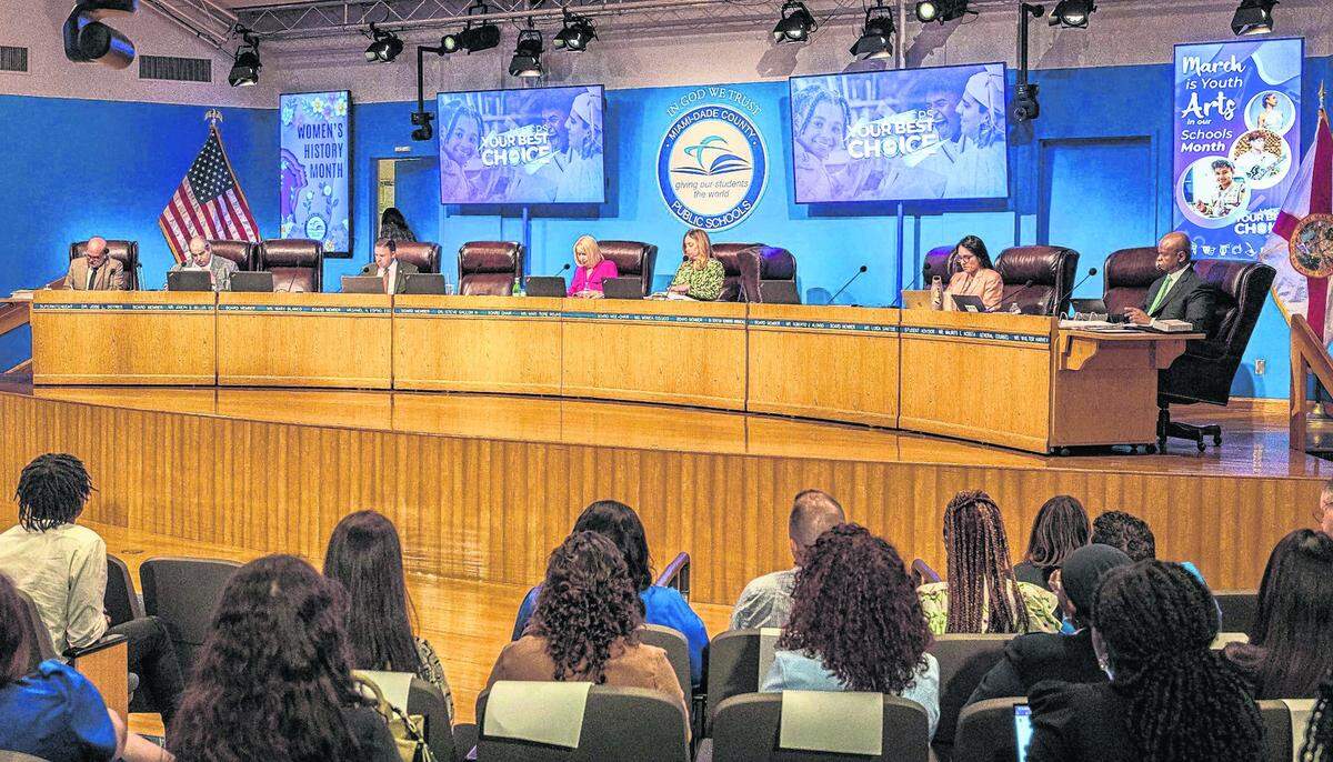 Members of the Miami-Dade County School Board during a meeting, in Miami, Florida, on Wednesday March 19, 2025.