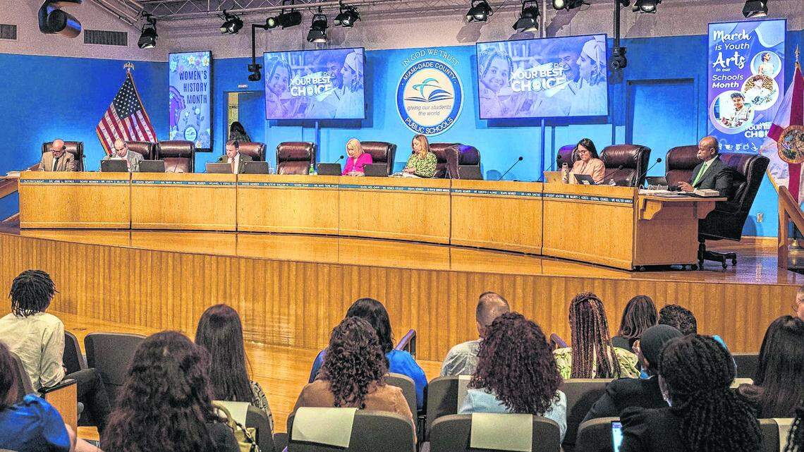 Members of the Miami-Dade County School Board during a meeting in Miami on March 19, 2025.