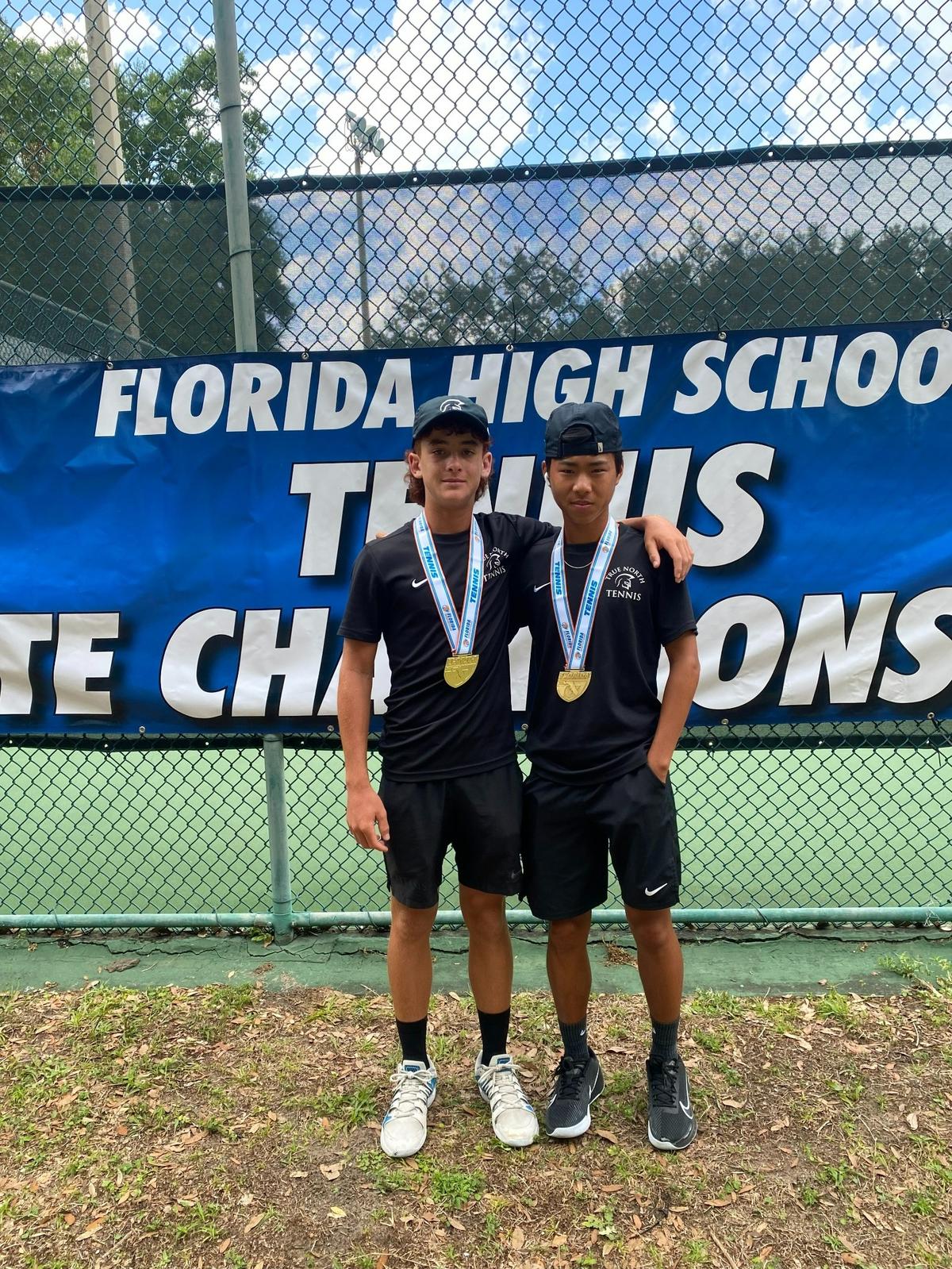 Gabriel Valdes (left) and Brennon Chow (right) of True North Classical Academy won the Class 1A girls’ doubles state championship on Wednesday afternoon in Altamonte Springs, Fla.