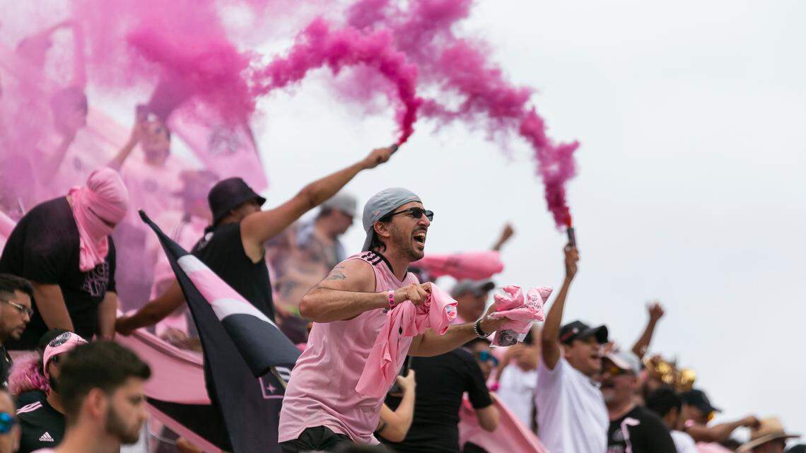 Inter Miami CF fans celebrate after defeating Atlanta United 2-1 during their MLS soccer match at DRV PNK Stadium on Sunday, April 24, 2022, in Fort Lauderdale, Florida.