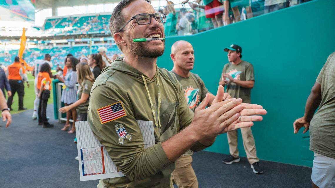 Miami Dolphins head coach Mike McDaniel celebrates as he looks towards the fans after the Dolphins defeat the Cleveland Browns 39-17 at Hard Rock Stadium in Miami on Sunday, November 13, 2022.