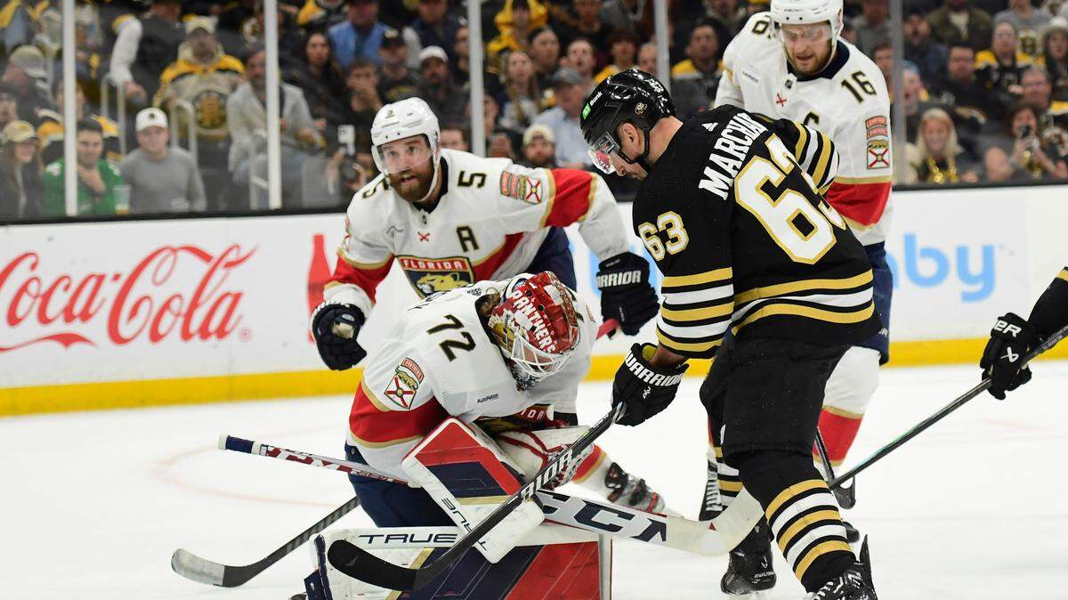 May 17, 2024; Boston, Massachusetts, USA; Florida Panthers goaltender Sergei Bobrovsky (72) makes a save in front of Boston Bruins left wing Brad Marchand (63) during the first period in game six of the second round of the 2024 Stanley Cup Playoffs at TD Garden.