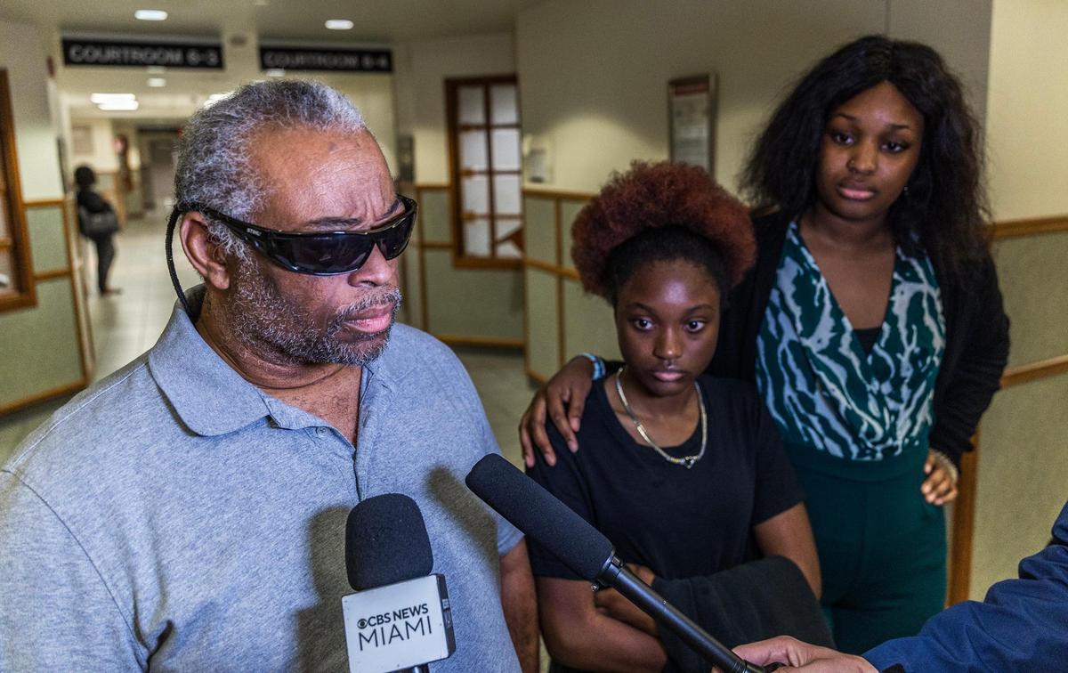 Robert Gordon and his granddaughters Samariah (center) and Ayanna Gordon talk to the press after Gina Emmanuel was sentenced to life in prison for murdering her 7-year-old adopted daughter Samayah Gordon, the Gerstein Justice Building in Miami on Wednesday, April 30, 2025.