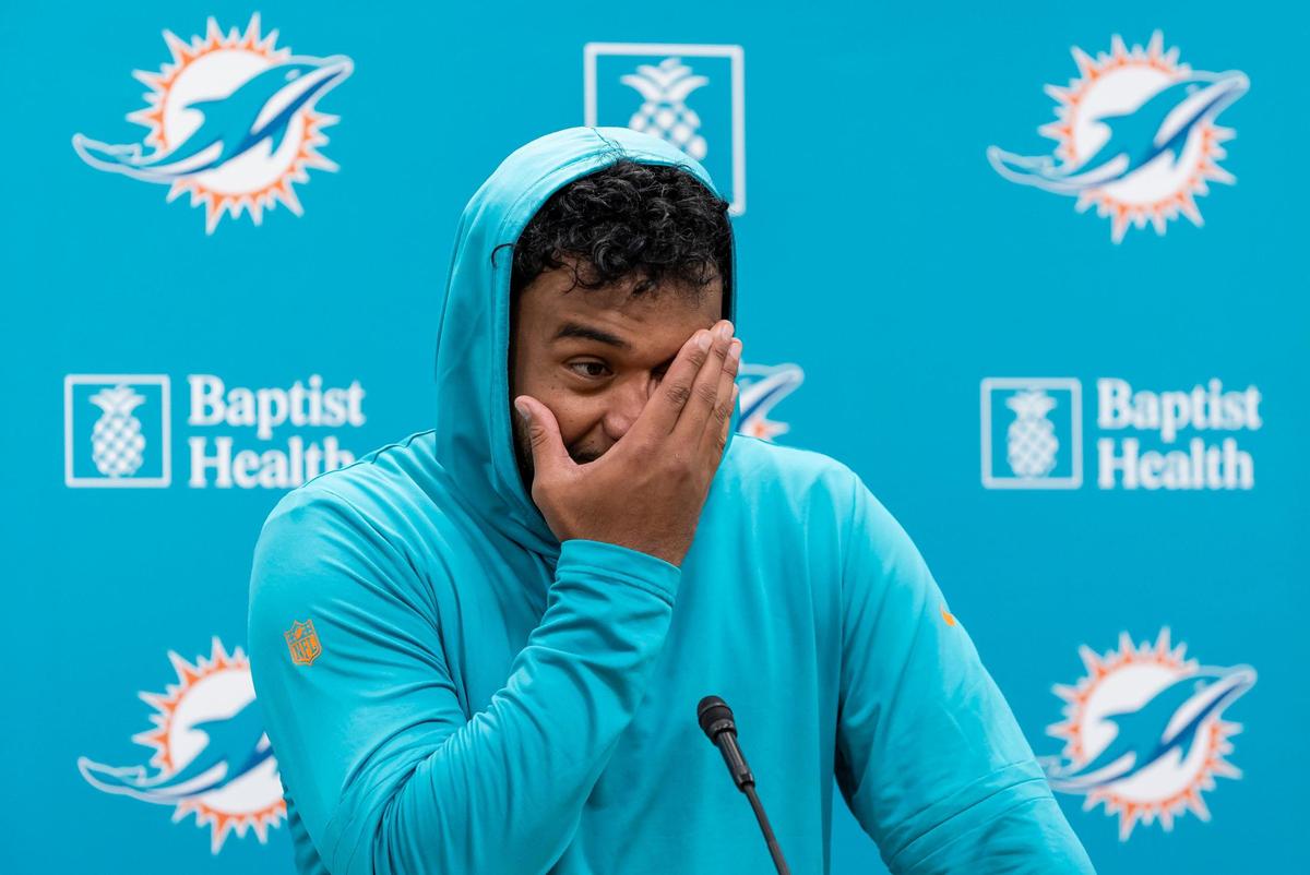 Miami Dolphins quarterback Tua Tagovailoa (1) speaks to reporters after team practice at the Baptist Health Training Complex on Wednesday, Oct. 25, 2023 in Miami Gardens, Fla.