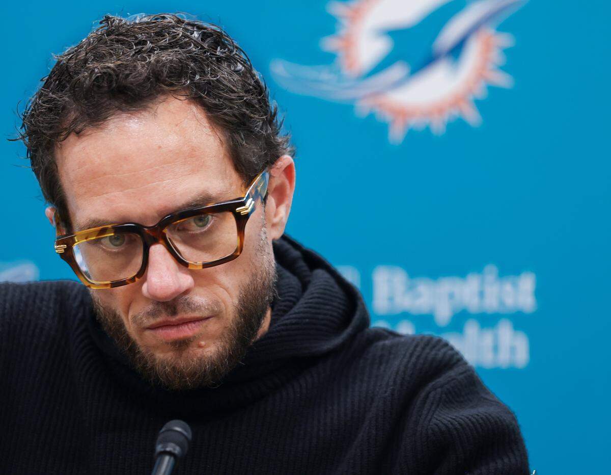 Miami Dolphins head coach Mike McDaniel speaks during his season-ending news conference at the Baptist Health Training Complex on Monday, Jan. 5, 2025, in Miami Gardens, Fla. McDaniel said there will be competition for the team’s starting quarterback entering the offseason.
