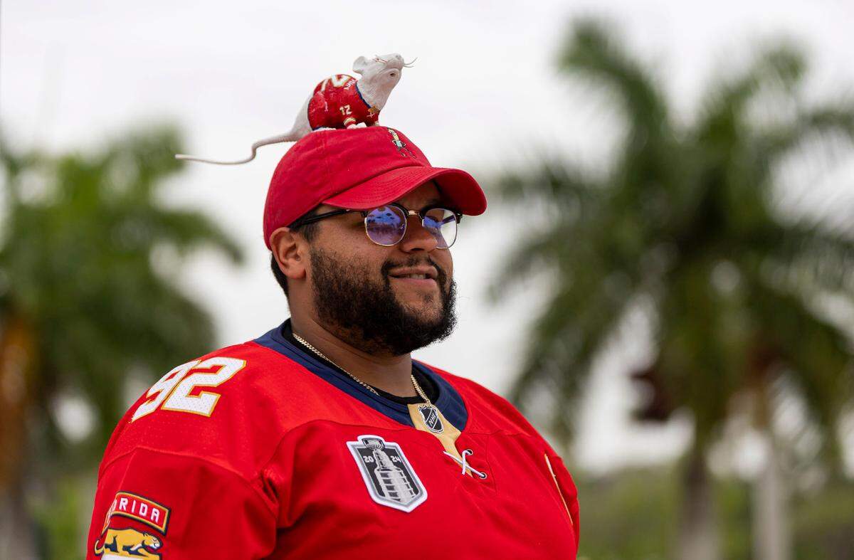 Florida Panthers fan Henry Rivera, 31, arrives to a watch party at the Amerant Bank Arena to see his team play against the Edmonton Oilers in Game 4 of the NHL Stanley Cup Final