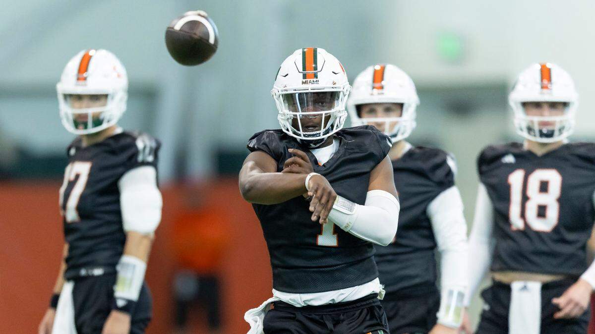 Miami Hurricanes quarterback Cam Ward (1) throws the ball during practice inside the Carol Soffer Indoor Practice Facility at the University of Miami on Monday, March 4, 2023 in Coral Gables, Fla.