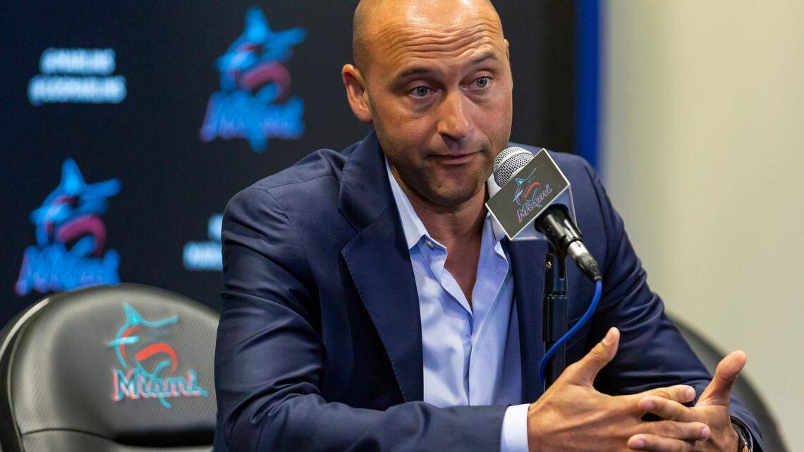 Derek Jeter, chief executive officer of the Miami Marlins, speaks during a press conference at Marlins Park last September.