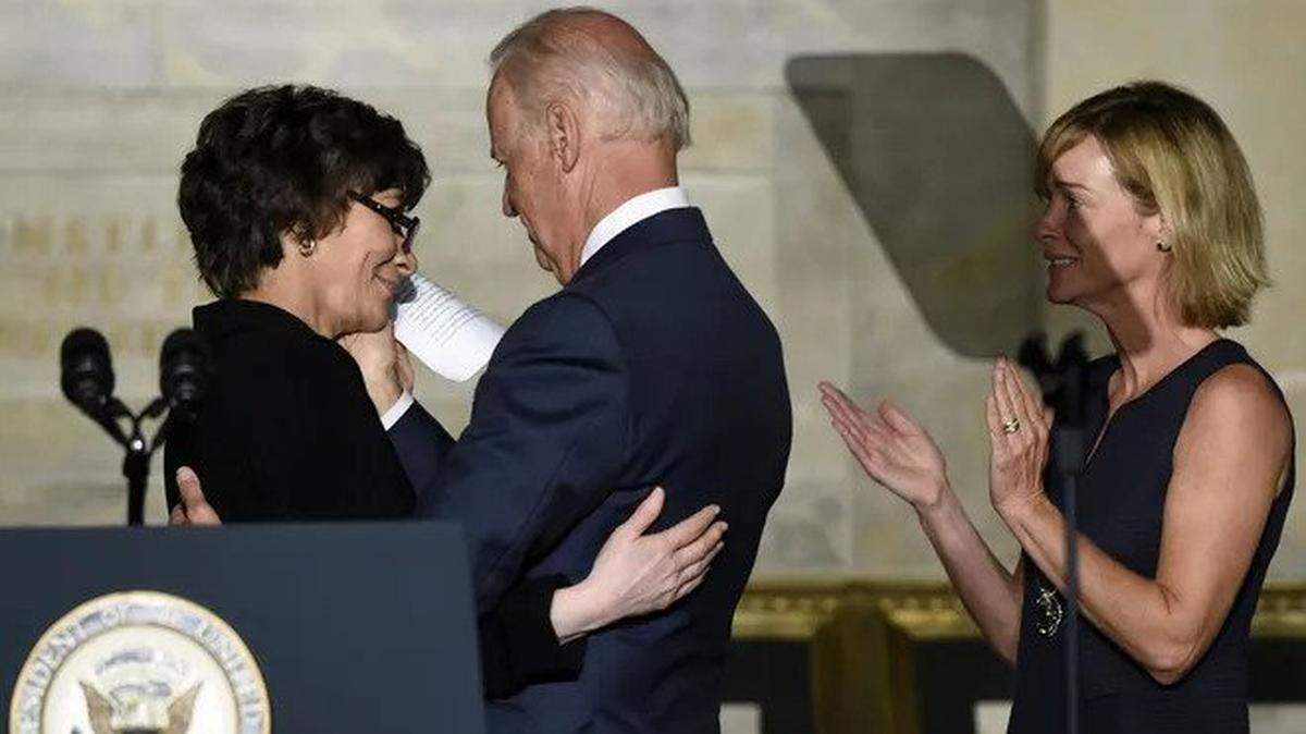 In 2014, Vice President Joe Biden hugs Ruth Glenn, of the National Coalition Against Domestic Violence, at a Washington, D.C., event commemorating the 20th anniversary of the Violence Against Women Act.